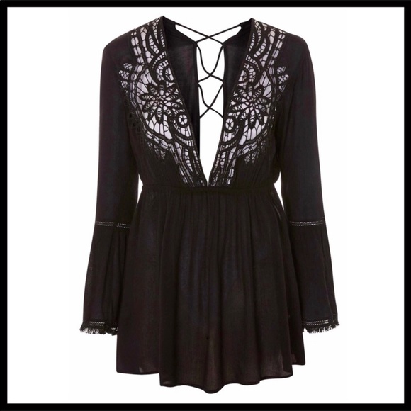 TOPSHOP BLACK BOHO TUNIC COVERUP MINI DRESS A3C - Picture 5 of 8